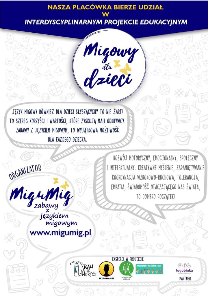 Plakat przedstawiający opis projektu "Migowy dla dzieci" stworzonego przez MiguMig zabawy z językiem migowym.