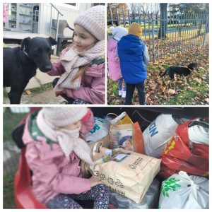 Trzy fotografie. Na pierwszej od lewej dziewczynka w kremowej czapce i szaliku dotyka czarnego psa, którego głowę i prawą łapę widać. Dziewczynka jest lekko uśmiechnięta. Na zdjęciu obok dwoje dzieci, stojących tyłem do obiektywu, na trawie przysypanej żółtymi liśćmi, wyprowadza na spacer czarnego pieska na smyczy. Na zdjęciu u dołu dziecko siedzi na brzegu bagażnika samochodu. Dotyka paczki, leżącej pośród innych pakunków. Dziecko ma na sobie różową kurtkę, kremową czapkę i szalik.