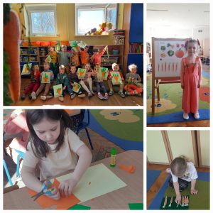 Na 1 zdjęciu grupa dzieci w pomarańczowych ubraniach trzyma w ręku wykonane obrazki, przedstawiające pomarańczowe marchewki. Na 2 zdjęciu dziewczynka w pomarańczowym ubraniu stoi obok tablicy na której są obrazki warzyw i marchewki. Na 3 zdjęciu dziewczynka w beżowej bluzcewycina z pomarańczowego papieru siedząc przy stoliku Na 4 zdjęciu dziewczynka w jasnej bluzce układa marchewki siedząc na dywanie.