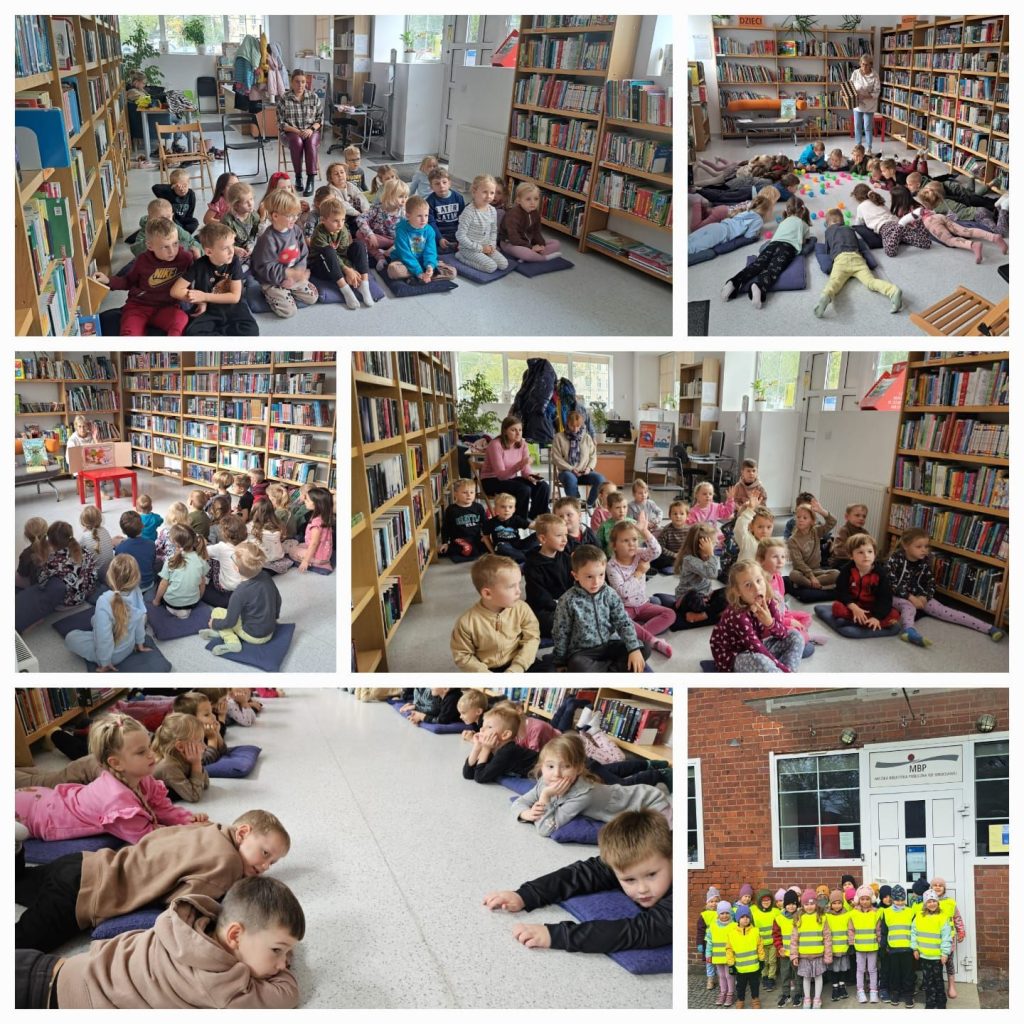 Obraz tworzy 6 fotografii. Na pierwszej od lewej grupa dzieci siedzi na podłodze w bibliotece. Za nimi pani. Po obu stronach półki z książkami. Na drugim zdjęciu dzieci leżą na brzuchu, głowami do siebie, tworząc krąg. Wokół regały z książkami. Pani bibliotekarka stoi z pudełkiem zwrócona w stronę dzieci. Pośrodku kręgu dzieci rozrzucone kolorowe piłeczki na podłodze. Na trzecim zdjęciu bibliotekarka siedzi przy małym czerwonym stoliku, trzyma na nim teatrzyk kamishibai. Dzieci siedzą zwrócone w jej stronę i słuchają. Na kolejnym zdjęciu grupa dzieci siedzi na podłodze, za nimi dwie panie. Po obu stronach regały z książkami. Na piątym zdjęciu dzieci leżą po obu stronach jasnej podłogi na brzuchach, zwrócone głowami do siebie. Na ostatnim, szóstym zdjęciu grupa dzieci w żółtych kamizelkach stoi przed czerwonym ceglastym budynkiem biblioteki z białymi drzwiami. Na drzwiach napis: MBP MIEJSKA BIBLIOTEKA PUBLICZNA WE WROCŁAWIU.