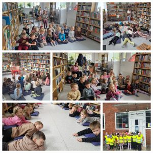 Obraz tworzy 6 fotografii. Na pierwszej od lewej grupa dzieci siedzi na podłodze w bibliotece. Za nimi pani. Po obu stronach półki z książkami. Na drugim zdjęciu dzieci leżą na brzuchu, głowami do siebie, tworząc krąg. Wokół regały z książkami. Pani bibliotekarka stoi z pudełkiem zwrócona w stronę dzieci. Pośrodku kręgu dzieci rozrzucone kolorowe piłeczki na podłodze. Na trzecim zdjęciu bibliotekarka siedzi przy małym czerwonym stoliku, trzyma na nim teatrzyk Kamishibai. Dzieci siedzą zwrócone w jej stronę i słuchają. Na kolejnym zdjęciu grupa dzieci siedzi na podłodze, za nimi dwie panie. Po obu stronach regały z książkami. Na piątym zdjęciu dzieci leżą po obu stronach jasnej podłogi na brzuchach, zwrócone głowami do siebie. Na ostatnim, szóstym zdjęciu grupa dzieci w żółtych kamizelkach stoi przed czerwonym ceglastym budynkiem biblioteki z białymi drzwiami. Na drzwiach napis: MBP MIEJSKA BIBLIOTEKA PUBLICZNA WE WROCŁAWIU.
