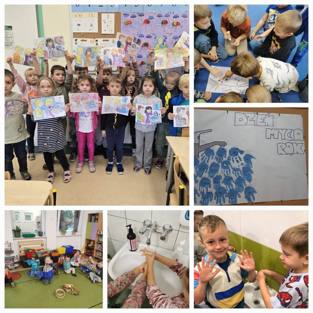 Na zdjęciu nr 1 grupa dzieci trzyma obrazki na temat mycia rąk. Na zdjęciu nr 2 troje dzieci wspólnie nakleja elementy obrazka. Na zdjęciu nr 3 przedstawiona jest praca plastyczna a na niej dłonie dzieci z całej grupy pod kranem. Na zdjęciu nr 4 dzieci siedzą na dywanie i pokazują dłonie. Na zdjęciu nr 5 dwoje dzieci myje dłonie przy umywalce. Na zdjęciu nr 6dwaj chłopcy stoją przy umywalce, jeden z nich pokazuje, że dłonie są już czyste.