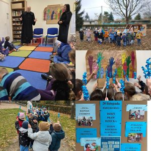 Na pierwszym zdjęciu dwie dorosłe osoby - mężczyzna i koineta, ubrane na ciemno. Mężczyzna po lewej, kobieta po prawej stronie. Przed nimi, na brzegach dywanu w kolorowe kwadraty, siedzą dzieci. Między dorosłymi dwa niebieskie krzesła. Na zdjęciu poniżej grupa dzieci idąca na spacer po trawniku, trzymająca w dłoniach niebieskie kwiaty. Po prawej stronie trzy zdjęcia. Na pierwszym od góry grupa dzieci pozująca do zdjęcia z niebieskimi kwiatami. Dzieci stoją na trawniku w ogrodzie przedszkolnym. Poniżej kilkoro dzieci unosi niebieskie kwiaty z papieru. Na zdjęciu u samego dołu tablica korkowa z informacjami na niebieskich kartkach na temat Międzynarodowego Dnia Dziecka.