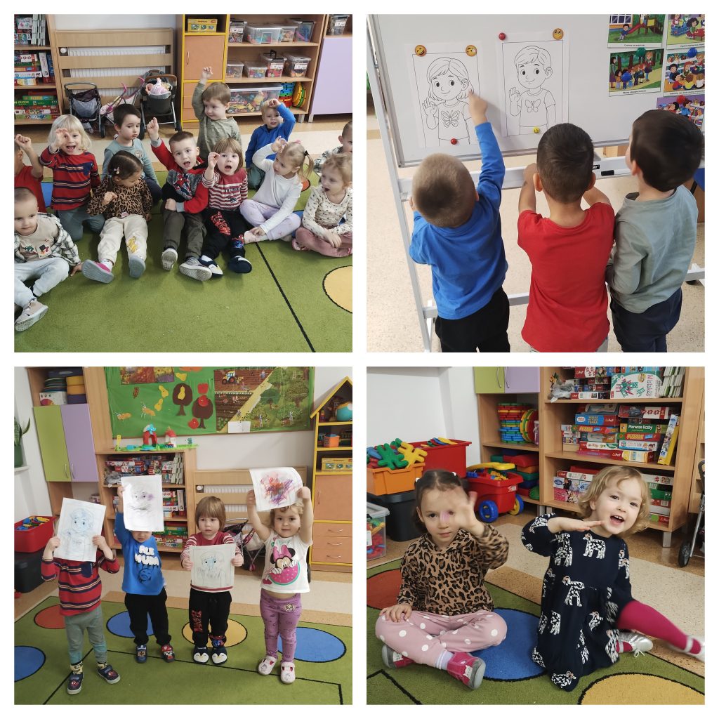 Na pierwszym zdjęciu od lewej, grupa dzieci siedzi na dywanie i pokazuje gest w polskim języku migowym oznaczającym dobre samopoczucie. Na drugim zdjęciu od góry, troje dzieci stoi pod białą tablicą, na której zamieszczono dwa rysunki: chłopca i dziewczynkę. Oboje mają na uchu aparat słuchowy. Na pierwszym zdjęciu u dołu czworo dzieci - każde trzyma w ręku kolorowankę przedstawiającą chłopca lub dziewczynkę z aparatem słuchowym. W tle przedszkolne regały, zielona tablica. Na drugim zdjęciu u dołu dwie dziewczynki siedzą na dywanie i pokazują gesty w j. migowym, oznaczające nie najlepsze samopoczucie. W tle regały z zabawkami.