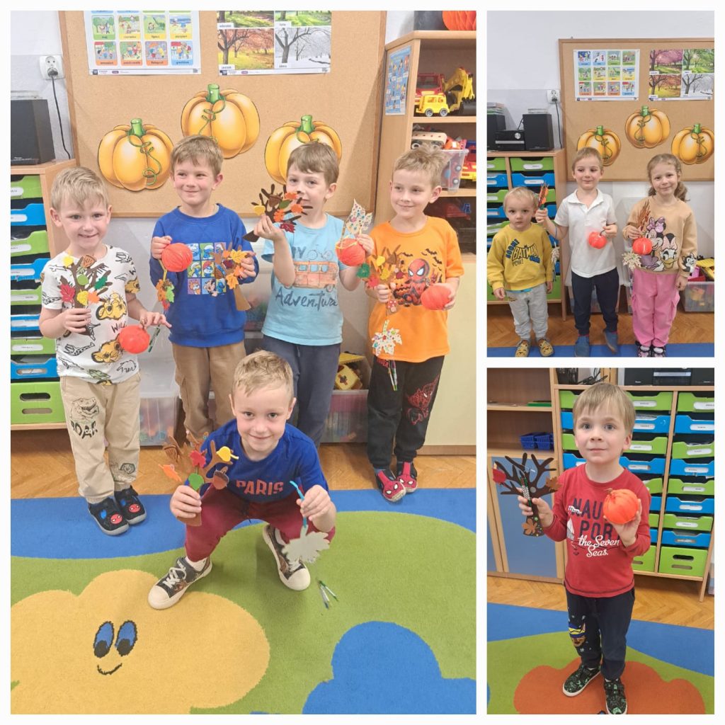 Na dużym zdjęciu czworo dzieci trzyma w rękach styropianowe dynie otoczone pomarańczową włóczką. Przed nimi kuca chłopiec, trzymający w prawej dłoni kwiatek. W tle korkowa tablica z papierowymi żółtymi dyniami. Dzieci stoją na żółto-zielono-niebieskim dywanie. Na małym zdjęciu od góry stoi troje dzieci. Dwoje trzyma pomarańczowe dynie. Na dolnym, małym zdjęciu, chłopiec stoi z pomarańczową dynią w lewej i zielonymi liśćmi w prawej dłoni. W tle zielone szufladki. Chłopiec ma na sobie pomarańczową bluzę.