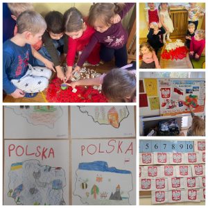 Na pierwszym zdjęciu od lewej grupka dzieci pochyla się nad ułożoną na podłodze z białych i czerwonych kloców mapą polski. Dzieci wskazują na zieloną zakrętkę, symbolizującą Wrocław. Na dolnym zdjęciu fragment prac plastycznych - wypełnionych przez dzieci rysunkami konturów Polski. Po prawej stronie od góry trzy mniejsze zdjęcia: na pierwszym dzieci pochylone nad biało-czerwoną mapą Polski, ułożoną z kloców; na drugim chłopiec wskazuje palcem na białą tablicę, na której widnieje godło, flaga oraz mapa Polski, a także rysunki wrocławskich krasnali; na trzecim zdjęciu tablica, na której zamieszczone są prace plastyczne, przedstawiające godło Polski. Ułożone są one w rzędach poziomych. Nad pracami widnieją numery: od 5 do 10.
