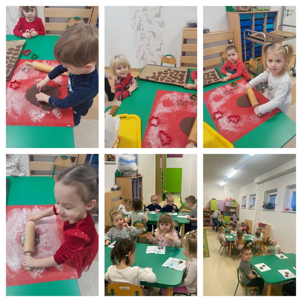 6 zdjęć. Na pierwszym od lewej dwoje dzieci przy zielonym stole, jedno pochylone nad czerwoną podkładką, na której ugniata brązowe ciasto na pierniczki. Wokół ciasta biała mąka. Na drugim zdjęciu od lewej dziecko z jasnymi włosami opiera się o zielony stół, po drugiej stornie czerwona podkładka z mąką. Obok chłopca na krześle leży blacha wyścielona beżowym papierem, na której leżą uformowane pierniczki. U dołu fragment żółtej tacki. Na trzecim zdjęciu dziewczynka w jasnej bluzce trzyma wałek i wałkuje ciasto leżące na czerwonej podkładce. Obok mniejszy chłopiec, w czerwonej bluzce, spogląda w kierunku obiektywu, znad tacy z powykrawanymi pierniczkami. Na pierwszym zdjęciu od dołu dziewczynka wałkująca ciasto na czerwonej podkładce. Dziewczynka ubrana jest na czerwono. Na zdjęciu środkowym dwa stoliki, przy których siedzą dzieci jedzące pierniczki położone na białych serwetkach. Na trzecim zdjęciu kilka zielonych stolików z dziećmi. W oddali osoba dorosła. Dzieci mają ułożona na białych serwetkach pierniczki. Chłopiec siedzący przy pierwszym stole spogląda w kierunku obiektywu.