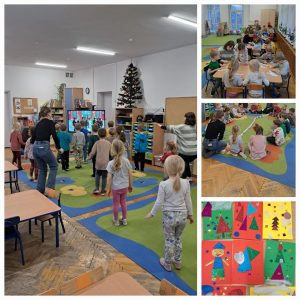 Na dużym zdjęciu dzieci i jedna osoba dorosła chodzą po dywanie, patrząc w ekran tablicy multimedialnej. Po prawej choinka. Po lewej beżowe stoliki. Na trzech małych zdjęciach w kolejności od gry: dzieci siedzą przy stolikach, wykonując pracę plastyczną z białych, żłtych, pomarańczowych, zielonych paskw papieru. Po lewej stronie przy stoliku kuca osoba dorosła. W tle wysokie okno, zielony dywan. Na zdjęciu poniżej dzieci i pani w czarnym swetrze siedzą na zielono-niebieskim dywanie, na linii koła. Pośrodku ciągnie się papierowy łańcuch choinkowy z robiony z białych, zielonych, pomarańczowych paskw papieru. Na zdjęciu u dołu prace plastyczne przedstawiające czapki Mikołaja, choinki, Mikołaja, wykonane z błyszczącego papieru, na wielokolorowych kartkach.