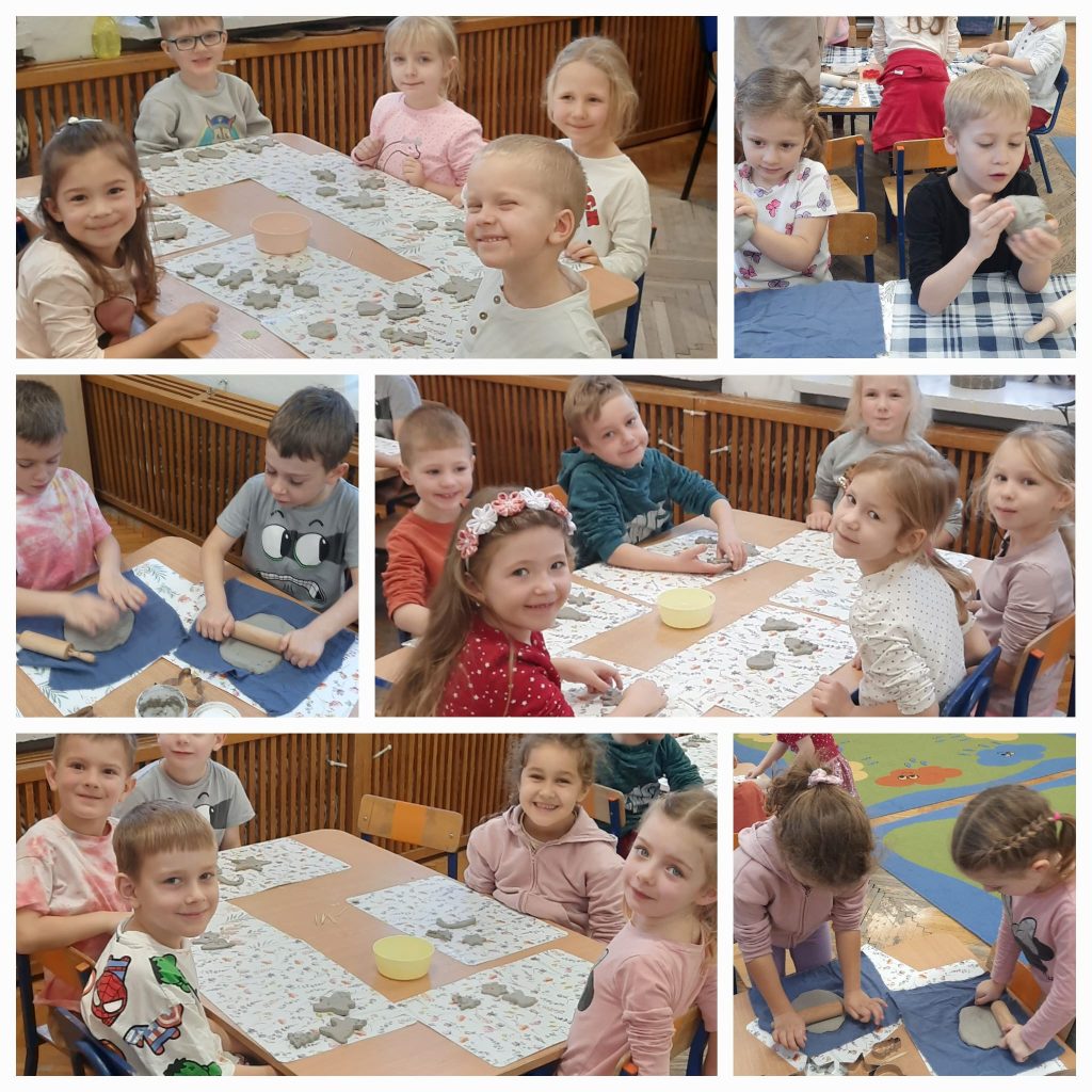 Na zdjęciu nr 1 pięcioro dzieci siedzi przy stoliku, przy którym zrobiły ozdoby świąteczne z gliny. Na zdjęciu nr 2 dwoje dzieci ugniata w rękach glinę. Na zdjęciu nr 3 dwoje dzieci wałkuje glinę siedząc przy stoliku. Na zdjęciu nr 4 sześcioro dzieci siedzi przy stoliku, przy którym zrobiły ozdoby świąteczne z gliny. Na zdjęciu nr 5 sześcioro dzieci siedzi przy stoliku, przy którym zrobiły ozdoby świąteczne z gliny. Na zdjęciu nr 6 dwie dziewczynki wałkują glinę przy stoliku.