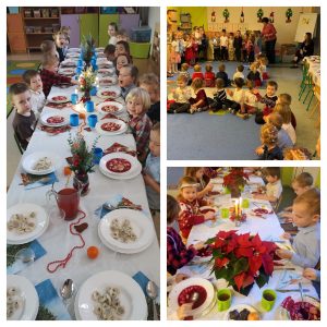 Na pierwszym zdjęciu długi stół przykryty białym obrusem, z niebieskimi kubeczkami i talerzami, w których są uszka i barszcz oraz świąteczne gałązki w wazonikach. Wzdłuż stołu siedzą dzieci. Na zdjęciu pierwszym od góry po prawej dzieci siedzą na niebieskim dywanie. Część dzieci stoi. Po lewej stronie w dali dzieci stoją obok pianina. Dorosła kobieta w czerwonej bluzce stoi i lekko pochyla się nad nimi. Po prawej stronie widać fragment stołów, udekorowanych świątecznie. Na zdjęciu u dołu po prawej stronie stół wigilijny przykryty białym obrusem, z czerwoną gwiazdą betlejemską. Dzieci siedzą i jedzą czerwony barszcz.
