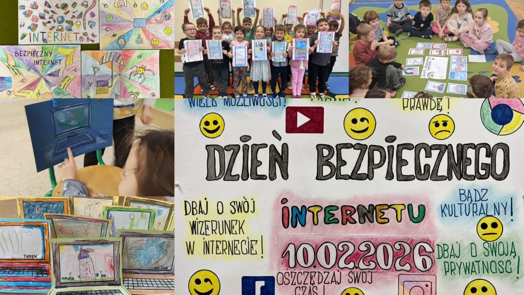 Obraz przedstawia kolaż zdjęć z obchodów Dnia Bezpiecznego Internetu w przedszkolu. Na pierwszym zdjęciu od lewej cztery rysunki dzieci z napisem 