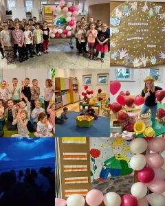 Obraz tworzy kolaż 7 zdjęć. Na pierwszym od góry, od lewej, tablica z balonami i postacią Małego Księcia na dużej planszy. Po obu stronach stoją dzieci. W tle okna. Na drugim zdjęciu duża okrągła plansza na szarym papierze. Wzdłuż linii koła dłonie wycięte z papieru i skierowane ku środkowi oraz napisy: życzliwość, razem, przyjaźń, dobro. Na trzecim zdjęciu grupa dzieci pokazuje wykonane z rolek po papierze toaletowym sylwetki lisów. Na czwartym środkowym zdjęciu sala przedszkolna z małymi oknami w tle, po lewej zielono-fioletowe szafki. Na niebieskim dywanie chłopiec i dziewczynka pochyleni nad małym stolikiem, na którym leżą kolorowe kulki i stoją trzy małe kubki. Po lewej klęczący i spoglądający na nich chłopiec. W tle balony - czerwone serca. Na kolejnym zdjęciu postać kobiety w złotym kapeluszu i czarnej bluzce oraz błękitnych spodniach. Kobieta trzyma w dłoni zabawkowe lody. Pochyla się nad małym stolikiem, na którym stoi tort, leżą torebki po prezentach i żółte kapelusze. Wokół czerwone balony serca. Na pierwsym zdjęciu u dołu grupa dzieci w ciemnym, niebieskim namiocie, ogląda wyświetlany film. Na drugim zdjęciu u dołu tablica z dużą postacią Małego Księcia, z jasnymi włosami, koroną, żółtym szalikiem. Ubrany jest w zielony sweterek i granatowe spodnie, a przed jego czerwonymi butami rośnie wysoka, czerwona róża. W tle gwiazdy. Postać Księcia siedzi na szarym podłożu.