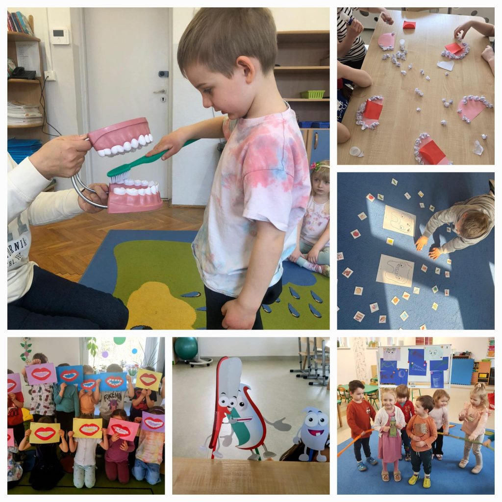 Na zdjęciu nr 1 chłopiec ćwiczy mycie zębów na modelu szczęki. Na zdjęciu nr 2 dzieci wykonują pracę plastyczna - naklejają zęby. Na zdjęciu nr 3 dzieci układają obrazki - co jest dobre dla zębów. Na zdjęciu nr 4 stoi grupa dzieci i trzyma obrazki przedstawiające uśmiech i zęby. Na zdjęciu nr 5 widać obrazki pasty i szczoteczki do zębów. Na zdjęciu nr 6 dzieci trzymają w dłoniach obrazki - szczotka, pasta do zębów.