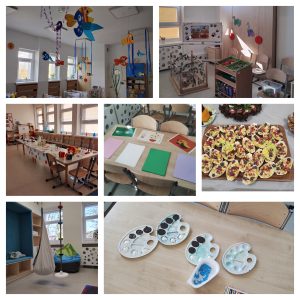 Na pierwszym zdjęciu sala ozdobiona motywami podwodnego świata, między innymi rybami wyciętymi z papieru i zawieszonymi u sufitu. Na zdjęciu drugim sala z dinozaurami na szafie, obklejonym folią stołem, położonym do góry nogami i szafką z piaskiem oraz foremkami. Na zdjęciu trzecim długi stół z narzędziami do przeprowadzania doświadczeń. Na zdjęciu czwartym stół z kartkami i kredkami. Na zdjęciu piątym przekąski. Na zdjęciu szóstym gabinet do terapii ze podwieszonym u sufitu siedziskiem. Na zdjęciu siódmym paletki do farb ułożone na jasnym stole.