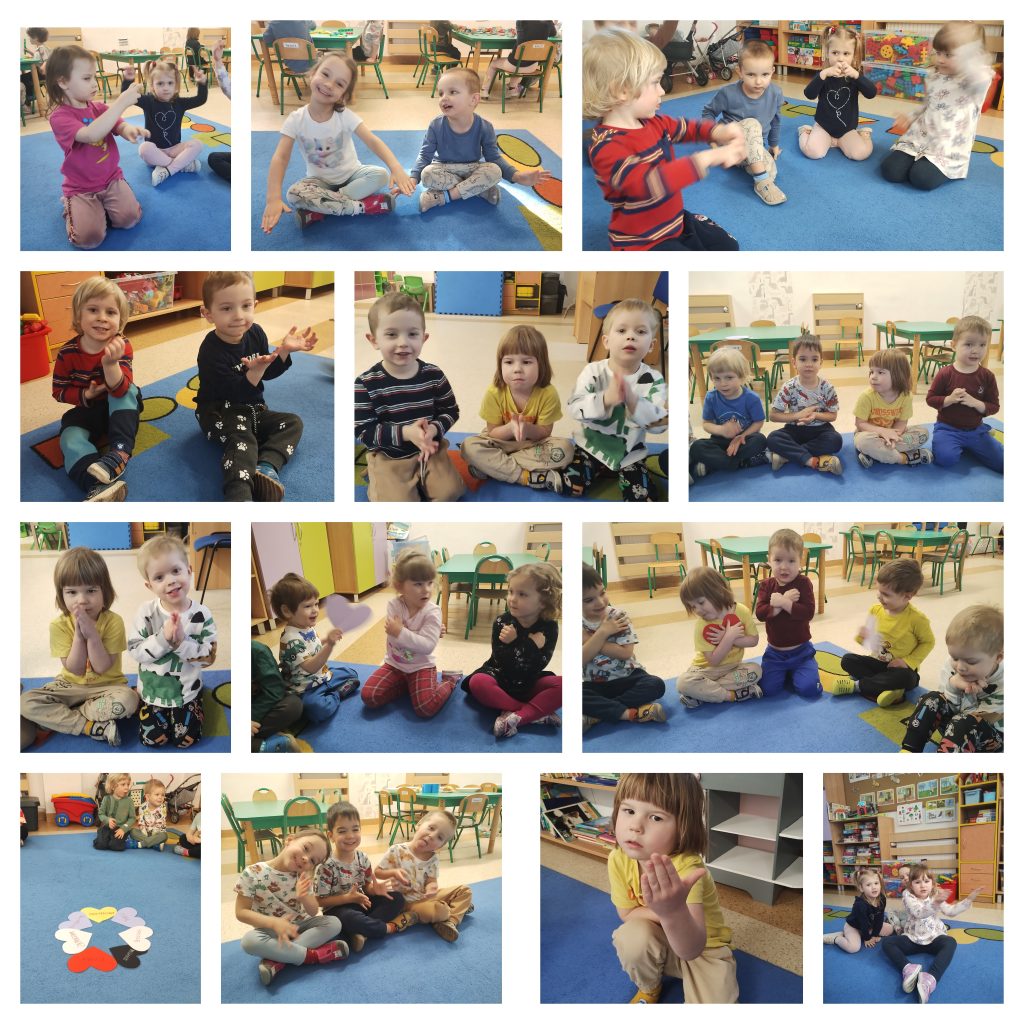 Opisy do zdjęć: 1. Dziewczynka w różowej bluzce uczy się pokazać słowo 