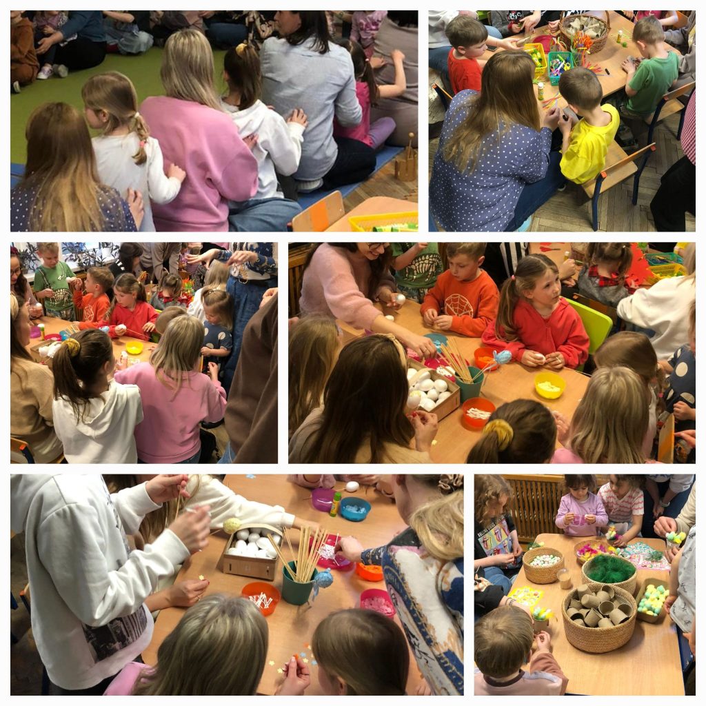 Na 1 zdjęciu dorośli i dzieci siedzą w kręgu i wykonują masaż osobie siedzącej przed nimi na 2 3 4 5 6 zdjęciu dzieci wraz z rodzicami wykonują ozdoby wielkanocne pisanki koguciki stroiki oraz zajączki z masy solnej.